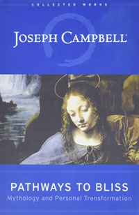 Book cover of 'Pathways to Bliss' by Joseph Campbell, featuring a classical painting of a person with long curly hair and a halo