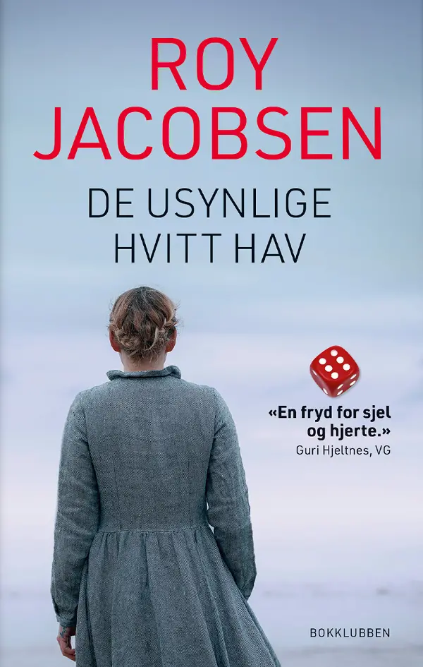 book cover of 'De usynlige' and 'Hvitt have' double novel showing a woman wearing an old fashioned grey dress, hair tied up. We see her from behind