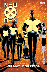 book cover of 'New X-Men' showing F. Quitely's illustration of the main characters of this book (Cyclops, Beast, Wolverine, Jean Gray, Emma Frost and Prof. Xavier