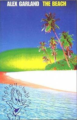 Book cover of 'The Beach' by Alex Garland. Intense colour illustration or distorted photo of a beach. On top, in the left corner there is a cartoon drawing of Daffy Duck