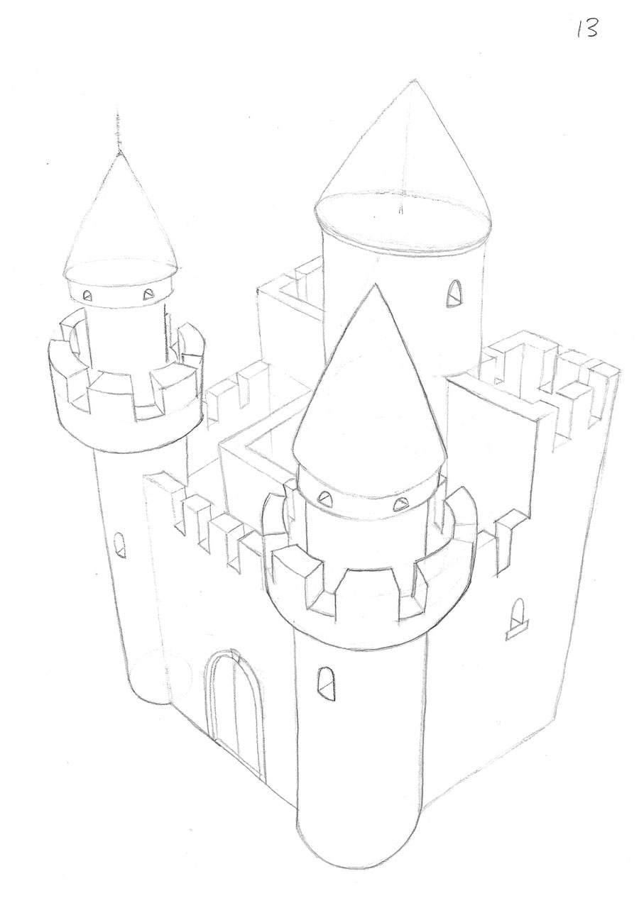 a pencil drawing of a castle with round towers