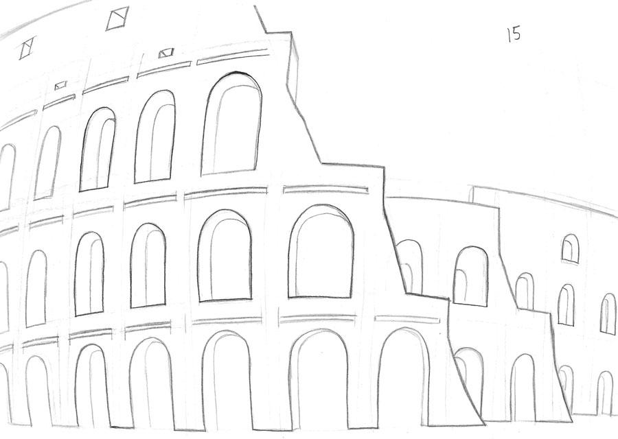 a pencil drawing of the Colosseum, close-up