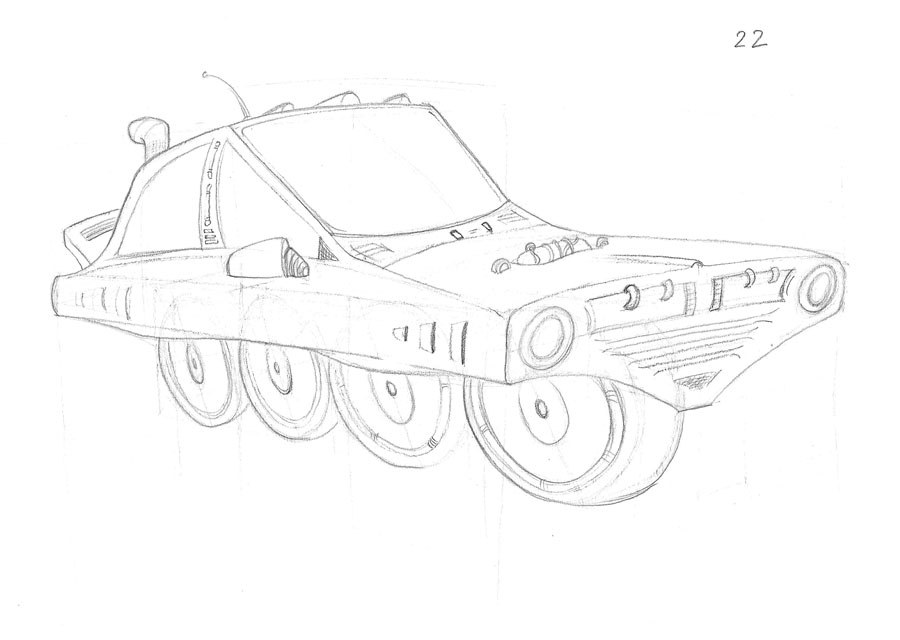 a pencil drawing of a cyberpunk-looking car, where all four wheels are inline (like an inline skate)