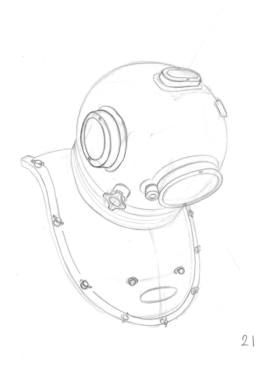 a pencil drawing of a deep sea diver helmet