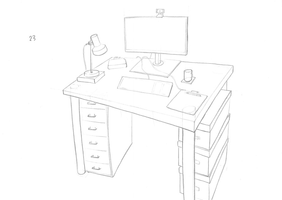 pencil drawing of my desk with computer on top and boxes and drawers underneath