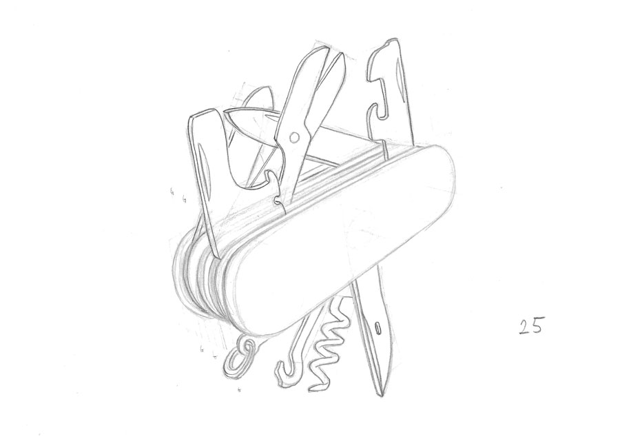 pencil drawing of a swiss army knife